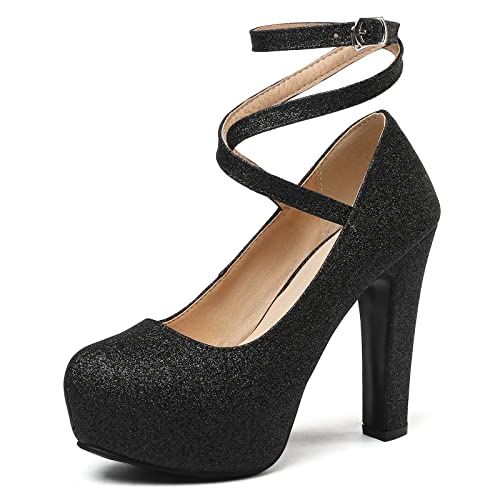 Lizoleor Bride Hochzeit Höhe Ferse Knöchelriemchen Glitzer Plateau Schuhe Schnalle Elegant Damen Blockabsatz Pumps Party Mode Schwarz Gr 40.5 EU/42Cn von Lizoleor