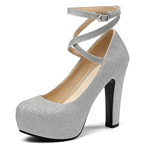 Lizoleor Bride Hochzeit Höhe Ferse Knöchelriemchen Glitzer Plateau Schuhe Schnalle Elegant Damen Blockabsatz Pumps Party Mode Silber Gr 45 EU/47Cn von Lizoleor