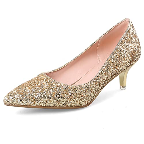 Lizoleor Bride Pointed Toe Formal Kitten Heel Pumps Sequins Ohne Verschluss Hochzeit Elegant Stiletto Höhe Ferse Schuhe Abend Gold/5Cm Gr 38 EU/39Cn von Lizoleor