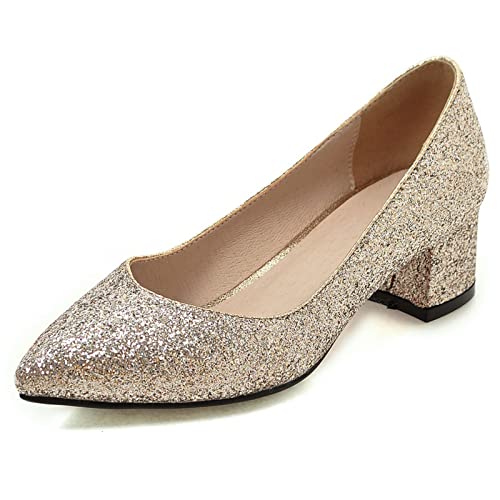 Lizoleor Bride Pointed Toe Hochzeit Block Mitte Absatz Sequins Pumps Damen Abend Elegant Ohne Verschluss Glitzer Mode Party Schuhe Gold Gr 42 EU/44Cn von Lizoleor