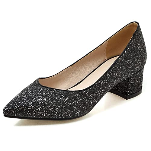 Lizoleor Bride Pointed Toe Hochzeit Block Mitte Absatz Sequins Pumps Damen Abend Elegant Ohne Verschluss Glitzer Mode Party Schuhe Schwarz Gr 40.5 EU/42Cn von Lizoleor