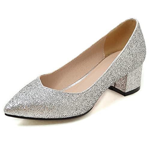 Lizoleor Bride Pointed Toe Hochzeit Block Mitte Absatz Sequins Pumps Damen Abend Elegant Ohne Verschluss Glitzer Mode Party Schuhe Silber Gr 39 EU/40Cn von Lizoleor