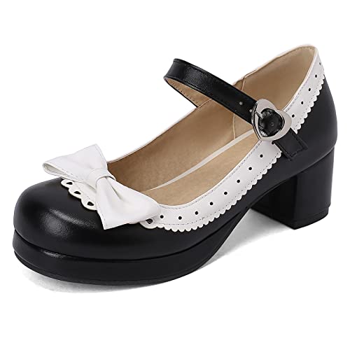 Lizoleor Bride Runde Zehen Mary Jane Blockabsatz Pumps Bows Comfy Knöchelriemchen Plateau Party Sequins Kleid Schuhe Elegant Schwarz Gr 44 EU/46Cn von Lizoleor