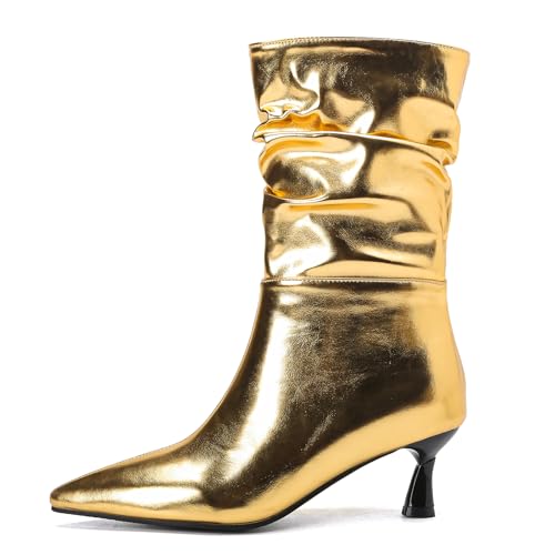 Lizoleor Bride Winter Halbschaft Kitten Heel Slouch Halbschaft Stiefel Elegant Hochzeit Pointed Toe Warm Riding Kleid Stiefeletten Gold Gr 40 EU/41Cn von Lizoleor