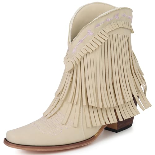 Lizoleor Chunky Heel Little Square Toe Damen Ankle Fransen Stiefel High Blockabsatz Ohne Verschluss Klassische Quasten Cowboystiefel Aprikose Gr 40 EU/41Cn von Lizoleor