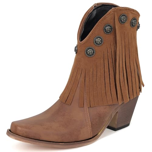 Lizoleor Chunky Heel Little Square Toe Damen Ankle Fransen Stiefel High Blockabsatz Ohne Verschluss Klassische Quasten Cowboystiefel Braun Gr 33 EU von Lizoleor