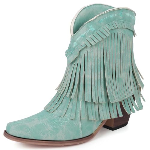 Lizoleor Chunky Heel Little Square Toe Damen Ankle Fransen Stiefel High Blockabsatz Ohne Verschluss Klassische Quasten Cowboystiefel Grün Gr 38 EU/39Cn von Lizoleor