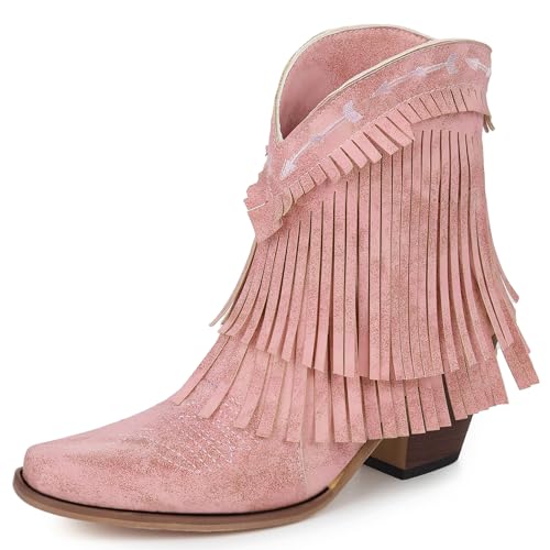 Lizoleor Chunky Heel Little Square Toe Damen Ankle Fransen Stiefel High Blockabsatz Ohne Verschluss Klassische Quasten Cowboystiefel Pink Gr 36.5 EU/37Cn von Lizoleor