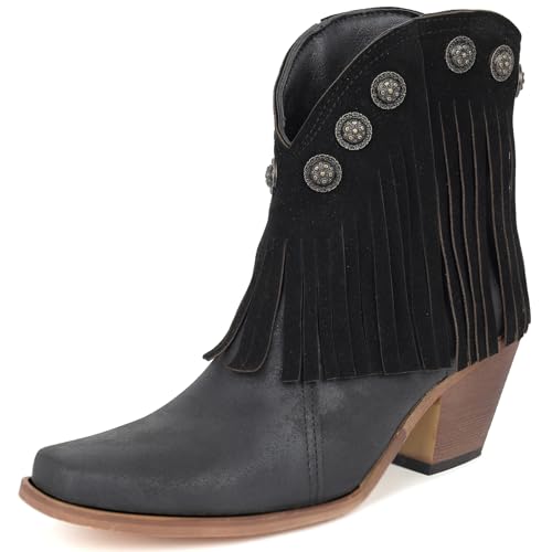 Lizoleor Chunky Heel Little Square Toe Damen Ankle Fransen Stiefel High Blockabsatz Ohne Verschluss Klassische Quasten Cowboystiefel Schwarz Gr 41 EU/43Cn von Lizoleor