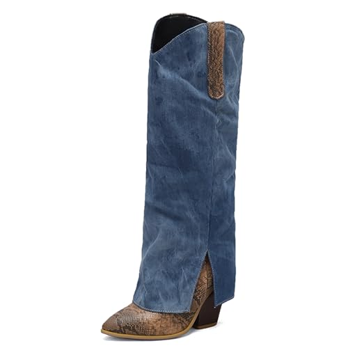 Lizoleor Chunky Heel Pointed Toe Knöchelbündchen Damen Cowboystiefel Denim Splicing Ohne Verschluss Snakeskin Concise Anzugstiefel Braun Gr 43 EU/45Cn von Lizoleor