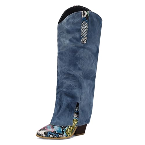 Lizoleor Chunky Heel Pointed Toe Knöchelbündchen Damen Cowboystiefel Denim Splicing Ohne Verschluss Snakeskin Concise Anzugstiefel Grün Gr 44 EU/46Cn von Lizoleor
