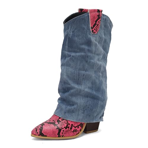 Lizoleor Chunky Heel Pointed Toe Knöchelbündchen Damen Cowboystiefel Denim Splicing Ohne Verschluss Snakeskin Concise Anzugstiefel Rose Gr 38 EU/39Cn von Lizoleor