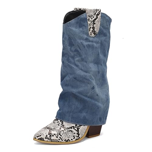 Lizoleor Chunky Heel Pointed Toe Knöchelbündchen Damen Cowboystiefel Denim Splicing Ohne Verschluss Snakeskin Concise Anzugstiefel Weiß Gr 44 EU/46Cn von Lizoleor