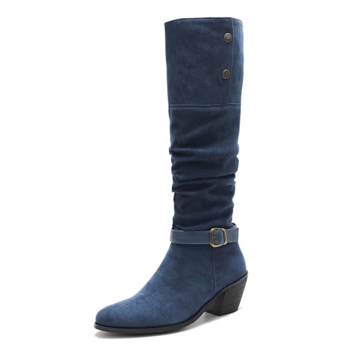Lizoleor Chunky Heel Pointed Toe Schnalle Damen Knee Lockere Stiefel Ohne Verschluss Buttons Knöchelbündchen Pleated Höhe Ferse Overknees Stiefel Blau-Dl Gr 41 EU/43Cn von Lizoleor