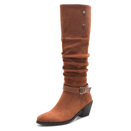 Lizoleor Chunky Heel Pointed Toe Schnalle Damen Knee Lockere Stiefel Ohne Verschluss Buttons Knöchelbündchen Pleated Höhe Ferse Overknees Stiefel Braun-Dl Gr 40.5 EU/42Cn von Lizoleor