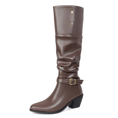 Lizoleor Chunky Heel Pointed Toe Schnalle Damen Knee Lockere Stiefel Ohne Verschluss Buttons Knöchelbündchen Pleated Höhe Ferse Overknees Stiefel Braun-Rl Gr 34 EU von Lizoleor