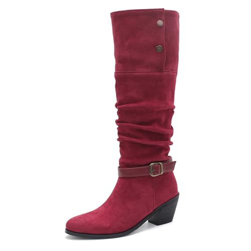 Lizoleor Chunky Heel Pointed Toe Schnalle Damen Knee Lockere Stiefel Ohne Verschluss Buttons Knöchelbündchen Pleated Höhe Ferse Overknees Stiefel Rotwein-Dl Gr 36.5 EU/37Cn von Lizoleor