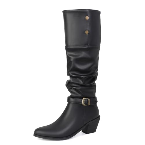 Lizoleor Chunky Heel Pointed Toe Schnalle Damen Knee Lockere Stiefel Ohne Verschluss Buttons Knöchelbündchen Pleated Höhe Ferse Overknees Stiefel Schwarz-Dl Gr 40 EU/41Cn von Lizoleor