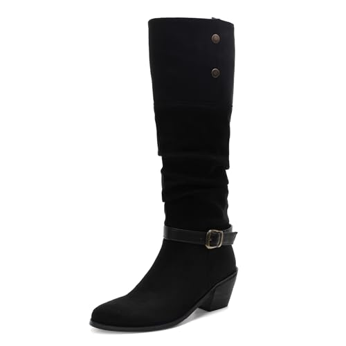 Lizoleor Chunky Heel Pointed Toe Schnalle Damen Knee Lockere Stiefel Ohne Verschluss Buttons Knöchelbündchen Pleated Höhe Ferse Overknees Stiefel Schwarz-Dl Gr 40.5 EU/42Cn von Lizoleor