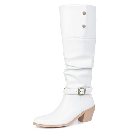Lizoleor Chunky Heel Pointed Toe Schnalle Damen Knee Lockere Stiefel Ohne Verschluss Buttons Knöchelbündchen Pleated Höhe Ferse Overknees Stiefel Weiß-Dl Gr 40.5 EU/42Cn von Lizoleor