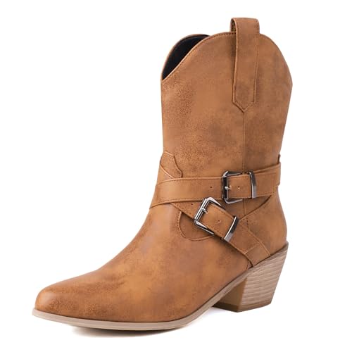 Lizoleor Chunky Heel Runde Zehen Side Reißverschluss Damen Geschirrstiefel Mitte Blockabsatz Klassische Schnalle Leisure Ankle Cowboystiefel Braun Gr 37 EU/38Cn von Lizoleor