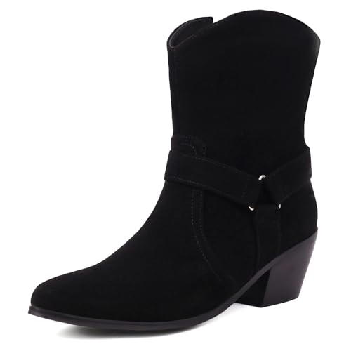 Lizoleor Chunky Heel Runde Zehen Side Reißverschluss Damen Geschirrstiefel Mitte Blockabsatz Klassische Schnalle Leisure Ankle Cowboystiefel Schwarz Gr 36 EU von Lizoleor