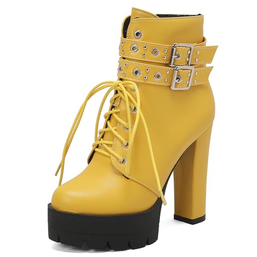 Lizoleor Chunky Plateau Damänner Hohen Blockabsatz Motorradstiefel Runde Zehen Military Schnüren Winter Mode Combat Ankle Stiefeletten Gelb Gr 37 EU/38Cn von Lizoleor