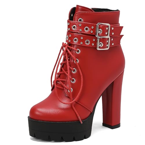 Lizoleor Chunky Plateau Damänner Hohen Blockabsatz Motorradstiefel Runde Zehen Military Schnüren Winter Mode Combat Ankle Stiefeletten Rot Gr 37 EU/38Cn von Lizoleor