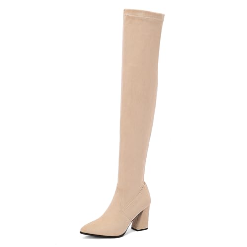 Lizoleor Concise Blockabsatz Pointed Toe Damen Long Stretch Stiefel Ohne Verschluss Solid Color Prom Kleid Overknee Stiefel Beige Gr 48 EU/50Cn von Lizoleor