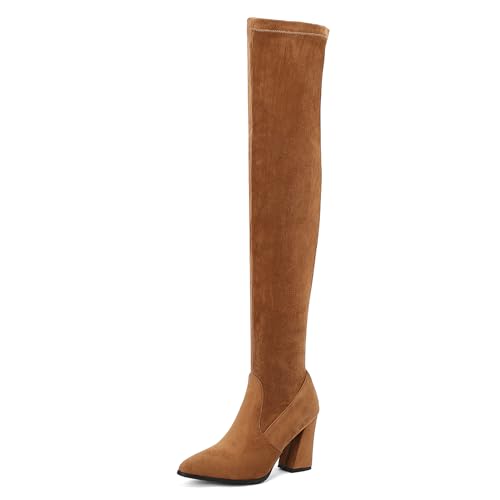 Lizoleor Concise Blockabsatz Pointed Toe Damen Long Stretch Stiefel Ohne Verschluss Solid Color Prom Kleid Overknee Stiefel Braun Gr 48 EU/50Cn von Lizoleor