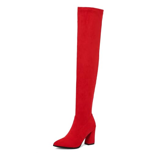 Lizoleor Concise Blockabsatz Pointed Toe Damen Long Stretch Stiefel Ohne Verschluss Solid Color Prom Kleid Overknee Stiefel Rot Gr 44 EU/46Cn von Lizoleor