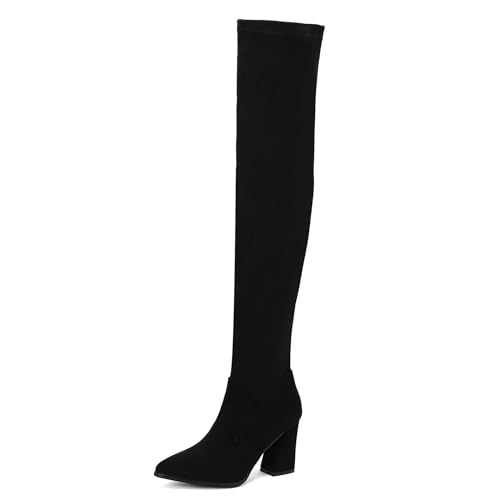 Lizoleor Concise Blockabsatz Pointed Toe Damen Long Stretch Stiefel Ohne Verschluss Solid Color Prom Kleid Overknee Stiefel Schwarz Gr 34 EU von Lizoleor