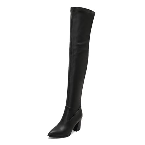 Lizoleor Concise Blockabsatz Pointed Toe Damen Long Stretch Stiefel Ohne Verschluss Solid Color Prom Kleid Overknee Stiefel Schwarz Gr 38 EU/39Cn von Lizoleor