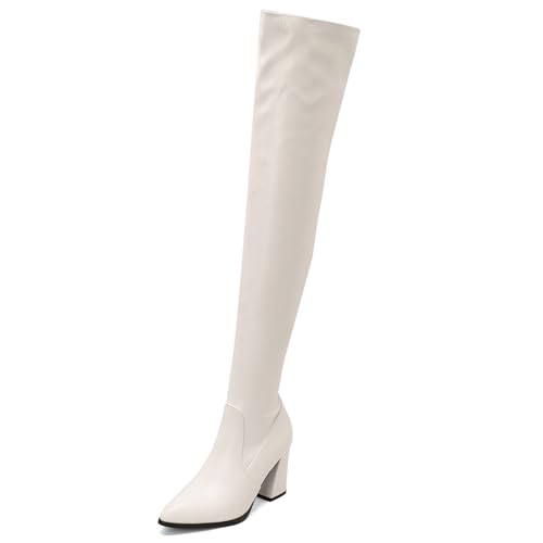 Lizoleor Concise Blockabsatz Pointed Toe Damen Long Stretch Stiefel Ohne Verschluss Solid Color Prom Kleid Overknee Stiefel Weiß Gr 46 EU/48Cn von Lizoleor