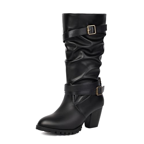 Lizoleor Concise Blockabsatz Runde Zehen Ohne Verschluss Damen Lockere Stiefel Mode Schnalle Solid Color Pleated Hohe Stiefel Schwarz-Pu Gr 35 EU von Lizoleor