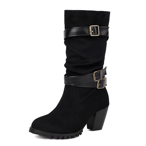 Lizoleor Concise Blockabsatz Runde Zehen Ohne Verschluss Damen Lockere Stiefel Mode Schnalle Solid Color Pleated Hohe Stiefel Schwarz-Wildleder Gr 45 EU/47Cn von Lizoleor