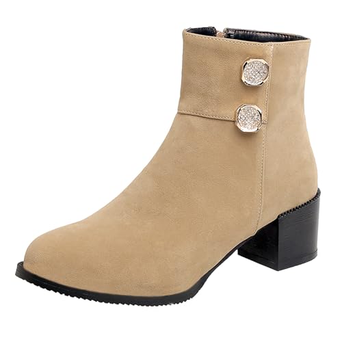Lizoleor Concise Blockabsatz Runde Zehen Side Reißverschluss Damen Stiefeletten Komfort Mitte Absatz Schnalle Winter Arbeit Kurz Kleid Stiefeletten Aprikose Gr 43 EU/45Cn von Lizoleor