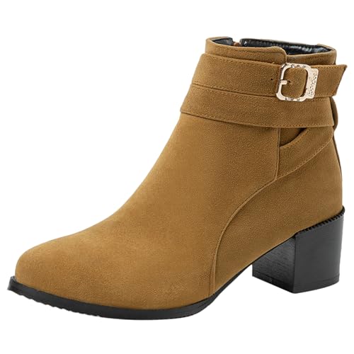 Lizoleor Concise Blockabsatz Runde Zehen Side Reißverschluss Damen Stiefeletten Komfort Mitte Absatz Schnalle Winter Arbeit Kurz Kleid Stiefeletten Braun Gr 49 EU/51Cn von Lizoleor