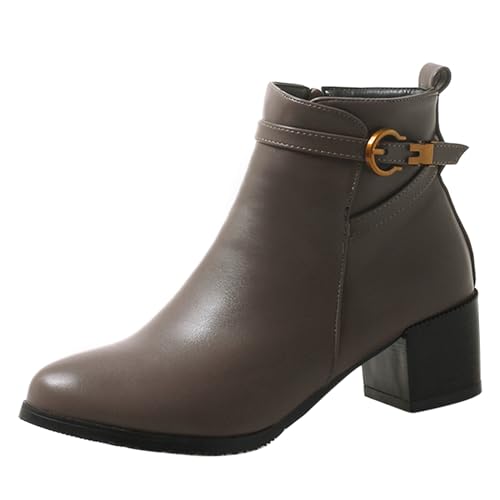 Lizoleor Concise Blockabsatz Runde Zehen Side Reißverschluss Damen Stiefeletten Komfort Mitte Absatz Schnalle Winter Arbeit Kurz Kleid Stiefeletten Grau Gr 34 EU von Lizoleor