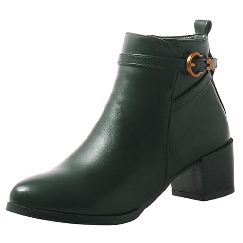 Lizoleor Concise Blockabsatz Runde Zehen Side Reißverschluss Damen Stiefeletten Komfort Mitte Absatz Schnalle Winter Arbeit Kurz Kleid Stiefeletten Grün Gr 32 EU von Lizoleor