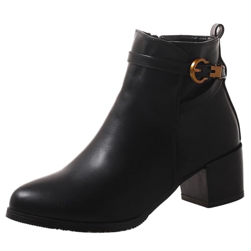 Lizoleor Concise Blockabsatz Runde Zehen Side Reißverschluss Damen Stiefeletten Komfort Mitte Absatz Schnalle Winter Arbeit Kurz Kleid Stiefeletten Schwarz Gr 32 EU von Lizoleor