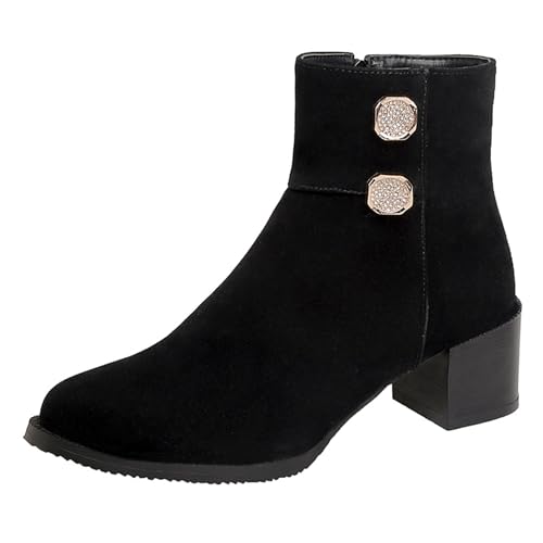 Lizoleor Concise Blockabsatz Runde Zehen Side Reißverschluss Damen Stiefeletten Komfort Mitte Absatz Schnalle Winter Arbeit Kurz Kleid Stiefeletten Schwarz Gr 36 EU von Lizoleor