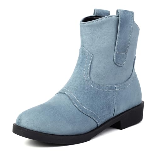 Lizoleor Concise Blockabsatz Wildleder Runde Zehen Damen Stiefeletten Ohne Verschluss Komfort Low Mitte Absatz Leisure Herbst Girl Stiefeletten Light-Blau Gr 36.5 EU/37Cn von Lizoleor