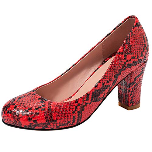 Lizoleor Concise Höhe Ferse Runde Zehen Damen Arbeit Schuhe Ohne Verschluss Blockabsatz Glitzer Snakeskin Lack Elegant Sommer Kleid Schuhe Rot Gr 44 EU/46Cn von Lizoleor
