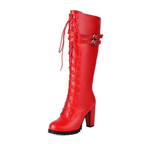 Lizoleor Concise Runde Zehen Schnüren Blockabsatz Damen Kniehohe Stiefel Side Reißverschluss Höhe Ferse Mode Warm Long Motorradstiefel Rot Gr 40 EU/41Cn von Lizoleor