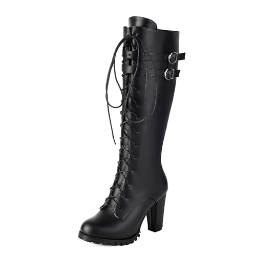 Lizoleor Concise Runde Zehen Schnüren Blockabsatz Damen Kniehohe Stiefel Side Reißverschluss Höhe Ferse Mode Warm Long Motorradstiefel Schwarz Gr 33 EU von Lizoleor