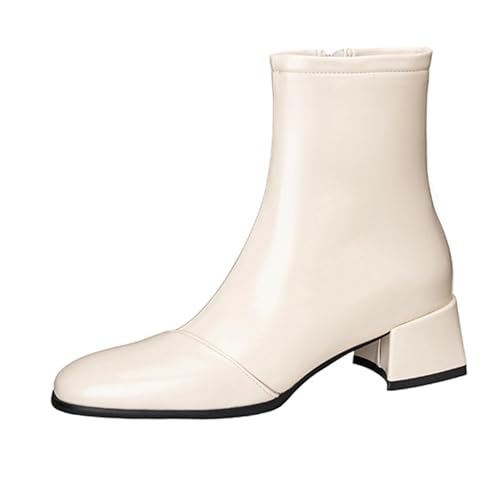 Lizoleor Concise Square Toe Reißverschluss Mitte Absatz Damen Stiefeletten Blockabsatz Weit Fit Solid Color Warm Winter Low Chelsea Stiefel Beige Gr 36.5 EU/37Cn von Lizoleor