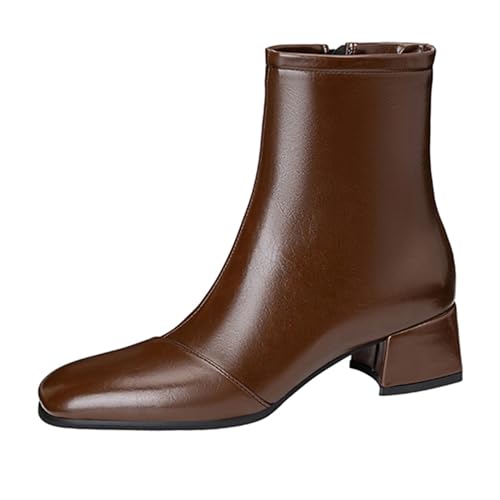 Lizoleor Concise Square Toe Reißverschluss Mitte Absatz Damen Stiefeletten Blockabsatz Weit Fit Solid Color Warm Winter Low Chelsea Stiefel Braun Gr 38 EU/39Cn von Lizoleor