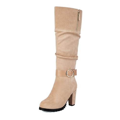 Lizoleor Concise Wildleder Blockabsatz Side Reißverschluss Damen Knee Hohe Stiefel Knöchelbündchen Schnalle Pleated Solid Color Mode Lockere Stiefel Aprikose Gr 33 EU von Lizoleor