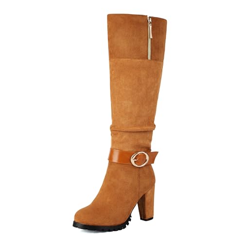 Lizoleor Concise Wildleder Blockabsatz Side Reißverschluss Damen Knee Hohe Stiefel Knöchelbündchen Schnalle Pleated Solid Color Mode Lockere Stiefel Braun Gr 32 EU von Lizoleor